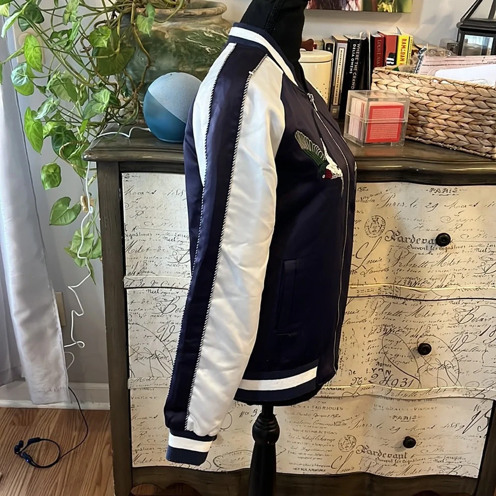 ESCALIER SATIN BOMBER JACKET WITH BIRD DETAIL NAVY BLUE WHITE SIZE SMALL
